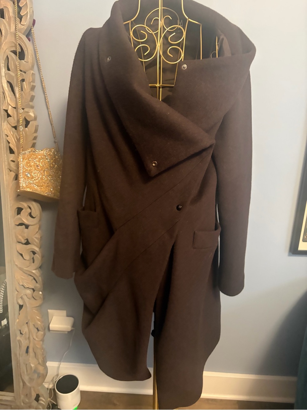 Womens Dark Brown Asymmetric Wrap Coat